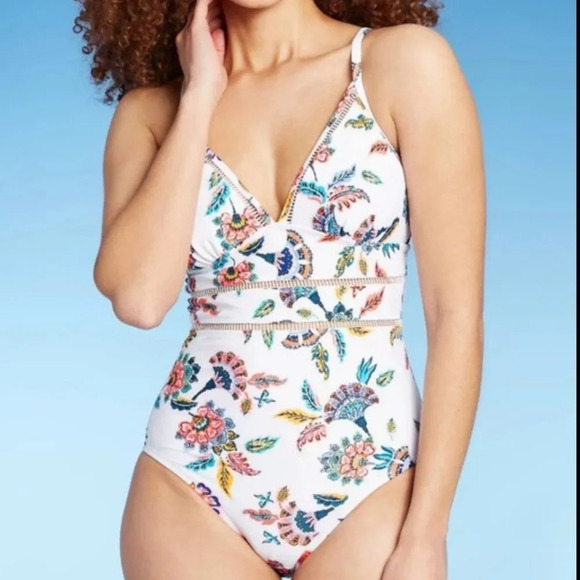 Kona Sol Floral Ladder Trim One Piece Swimsuit V Neck Multi Colored Bright Small - Picture 1 of 7
